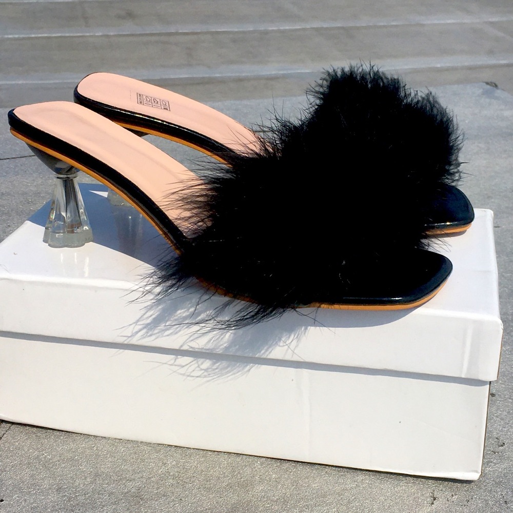 Plush Clear Heeled Mules